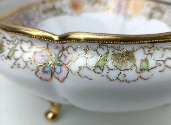 高級RC刻印★美品「オールドノリタケ金彩点盛り上げ 花絵鉢