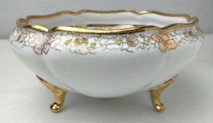 高級RC刻印★美品「オールドノリタケ金彩点盛り上げ 花絵鉢