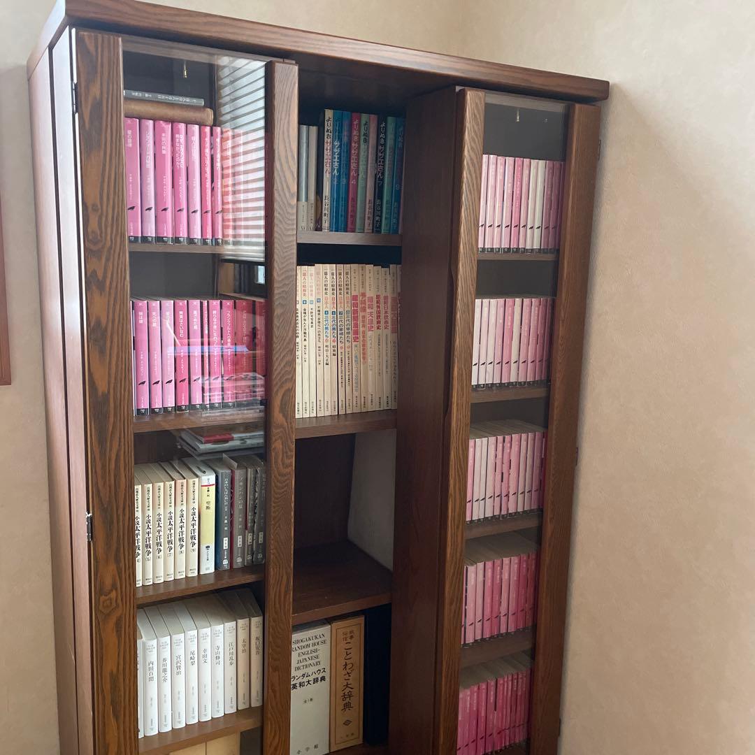 木製 ガラス付き 本棚 スライド式 ブックシェルフ キャビネット