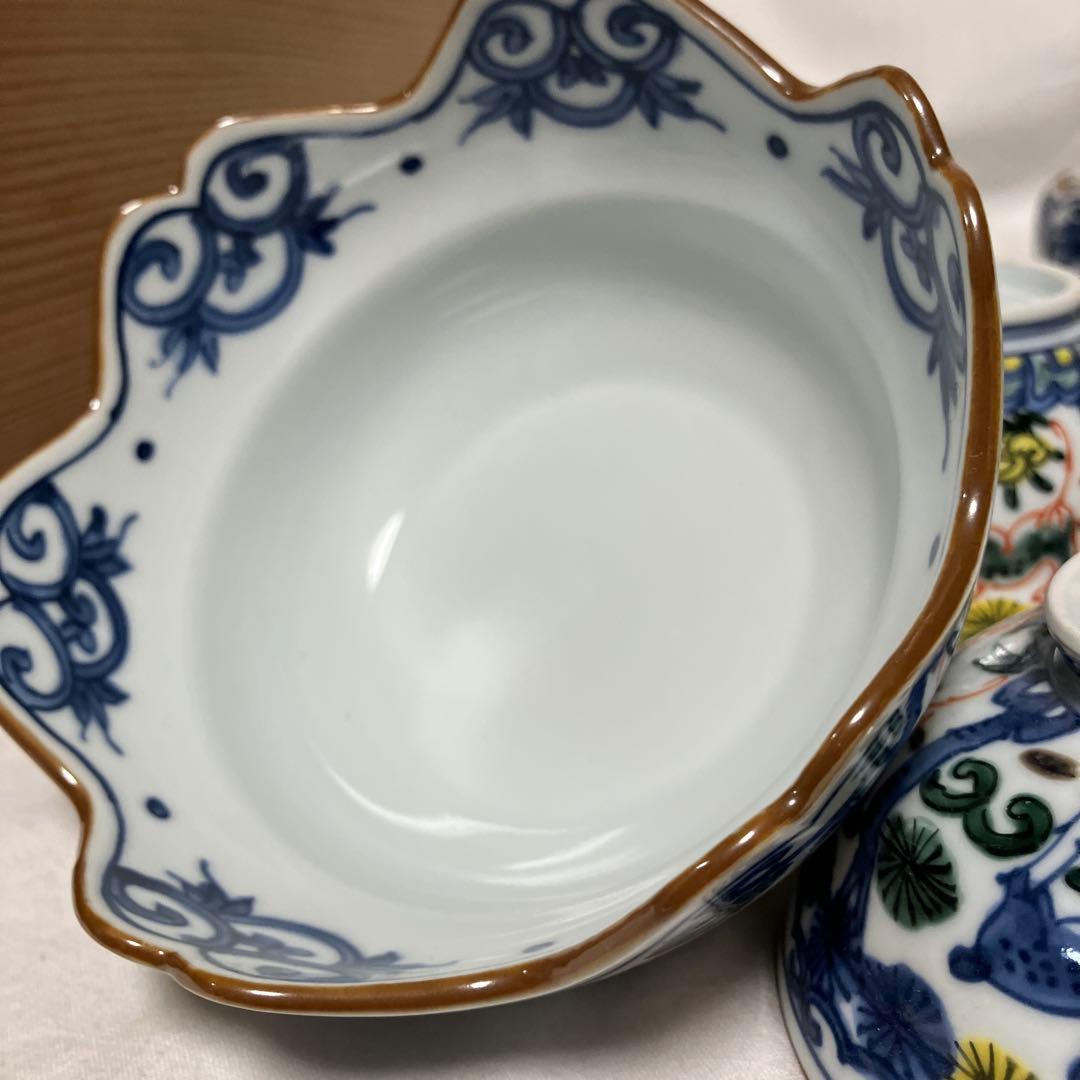 平安京泉　向付　５客　色絵　松鹿文　蓋向付