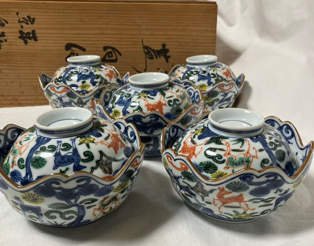 平安京泉　向付　５客　色絵　松鹿文　蓋向付