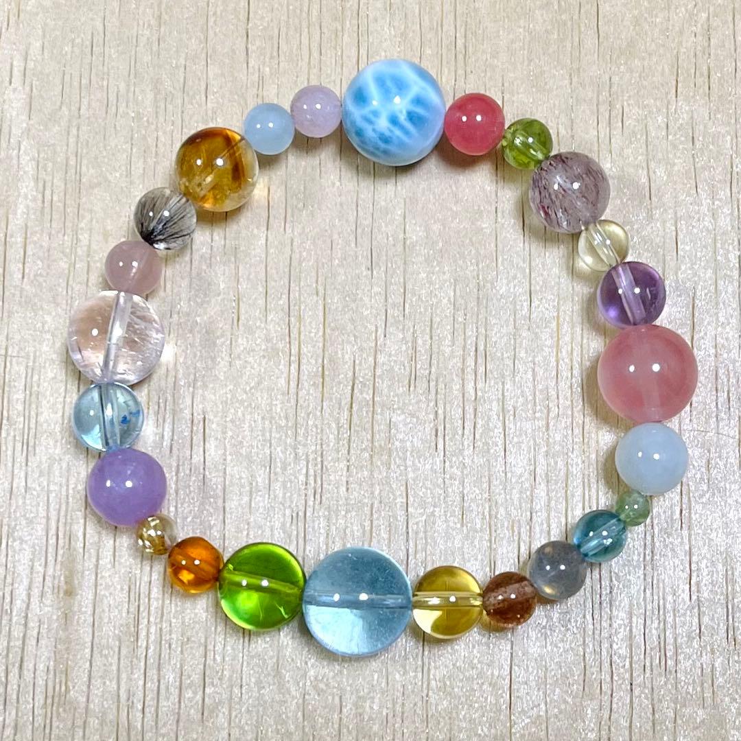 【高品質】琥珀・天然石（ラリマー、ブルートパーズ、エレスチャルクォーツ等）ブレス