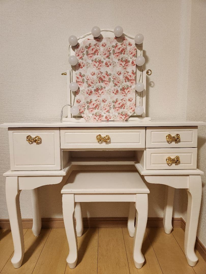 【美品】ネコ脚 ドレッサー 天然木セット 可愛い ホワイト家具 化粧台 スツール