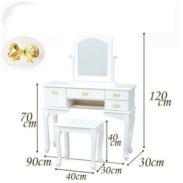 【美品】ネコ脚 ドレッサー 天然木セット 可愛い ホワイト家具 化粧台 スツール