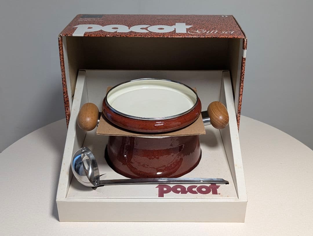 80s ビンテージ ホーロー鍋 ウッドハンドル 両手鍋　煮込み レトロ 美品箱付