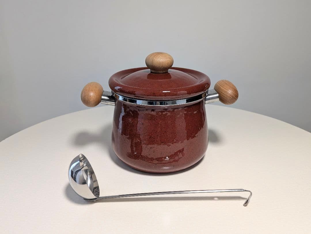 80s ビンテージ ホーロー鍋 ウッドハンドル 両手鍋　煮込み レトロ 美品箱付