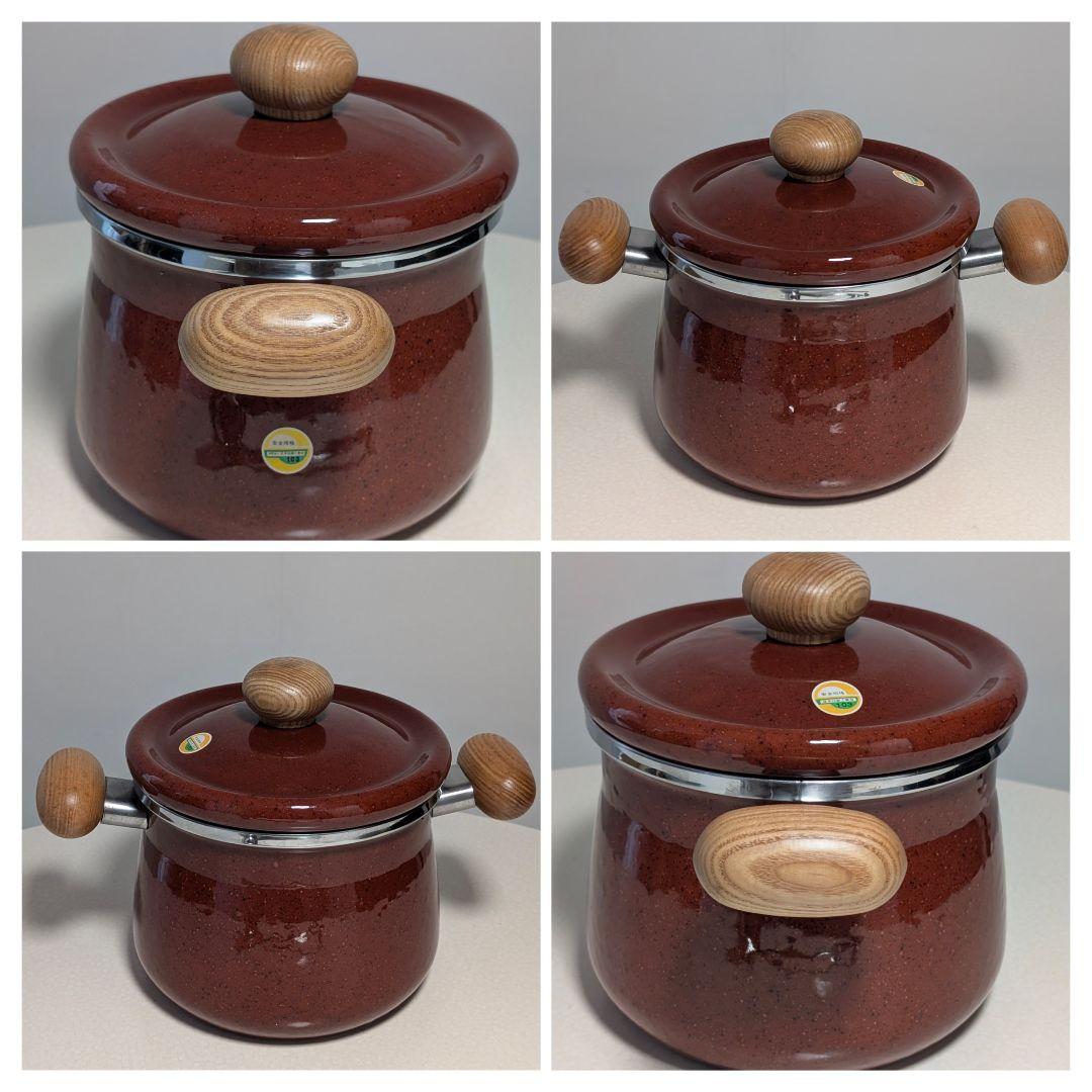 80s ビンテージ ホーロー鍋 ウッドハンドル 両手鍋　煮込み レトロ 美品箱付