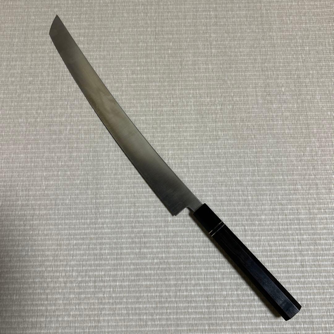 尺三　鬼反り　V金10号　本焼　包丁　和包丁　鏡面　黒檀黒水牛八角柄　先丸柳刃