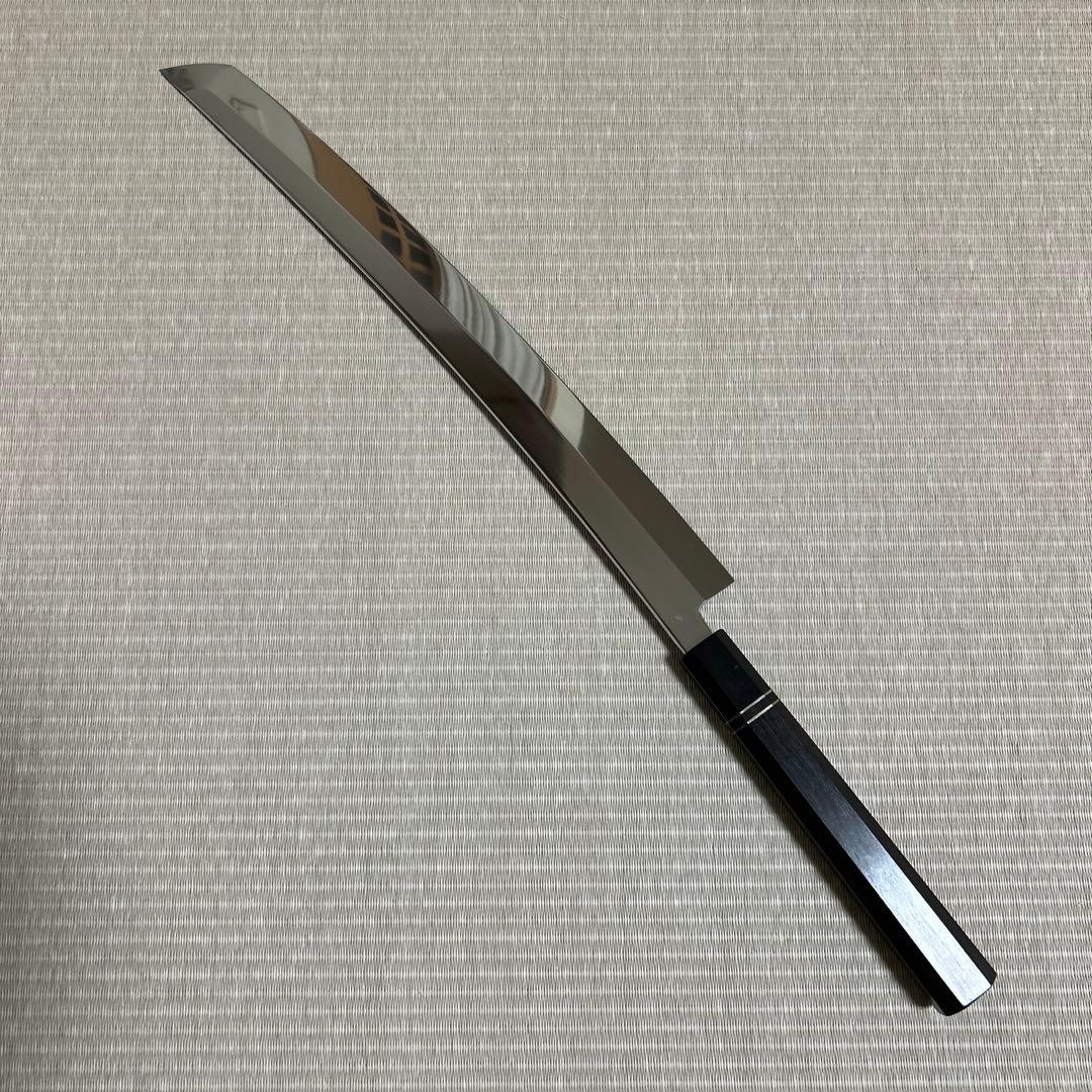 尺三　鬼反り　V金10号　本焼　包丁　和包丁　鏡面　黒檀黒水牛八角柄　先丸柳刃