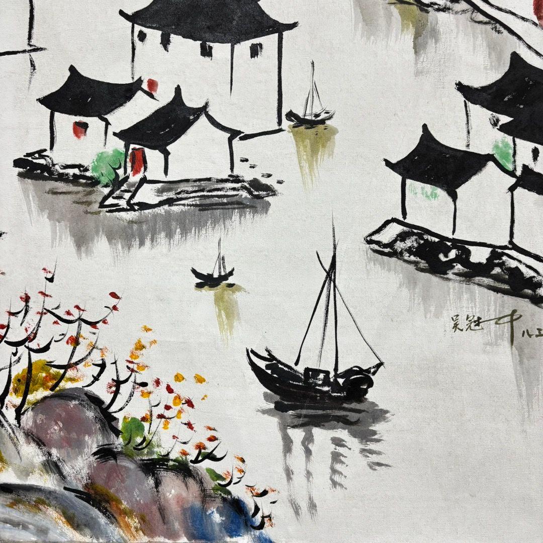 手描き 水彩油画 山水画 吴冠中 風景作品図 中国絵画 約70×100cm