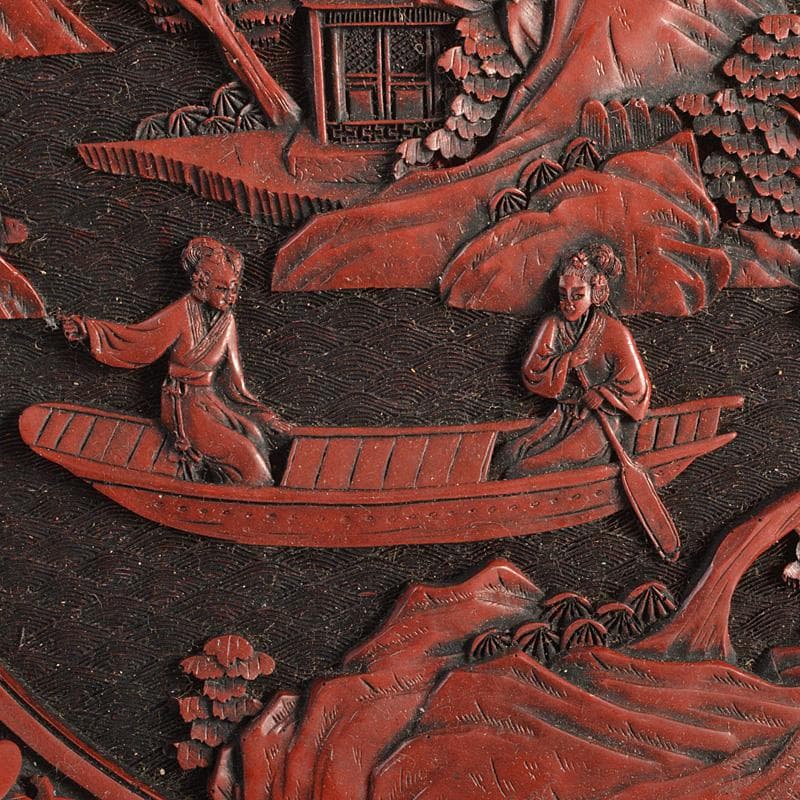 中国 剔紅 堆朱 楼閣山水人物文盤 輪花皿 M R6804 - メルカリ