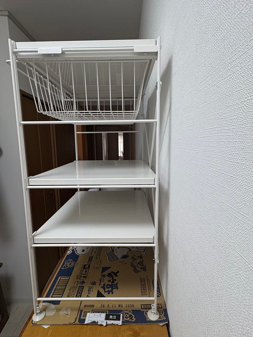 無印スチールユニットシェルフ　スチールラック　小　ライトグレー　バスケット付