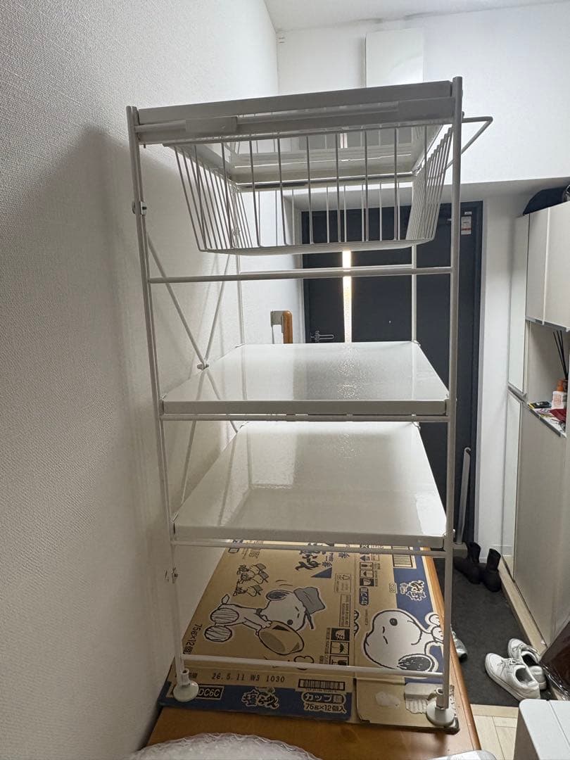 無印スチールユニットシェルフ　スチールラック　小　ライトグレー　バスケット付