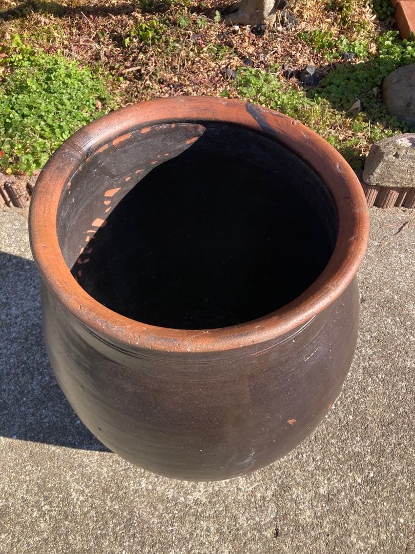 【存在感抜群】 古い甕 貯蔵壺 古民具 時代物 陶器 ごげ茶59センチ。