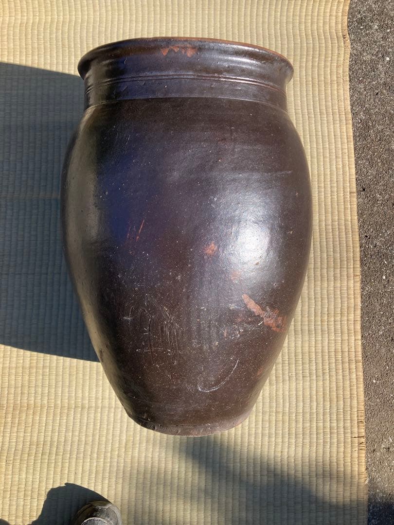 【存在感抜群】 古い甕 貯蔵壺 古民具 時代物 陶器 ごげ茶59センチ。