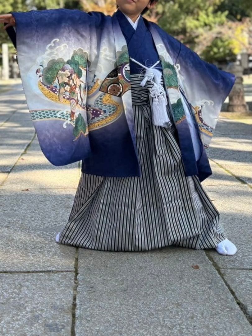 七五三用　着物 紺-鷹兜　5歳　男の子　袴