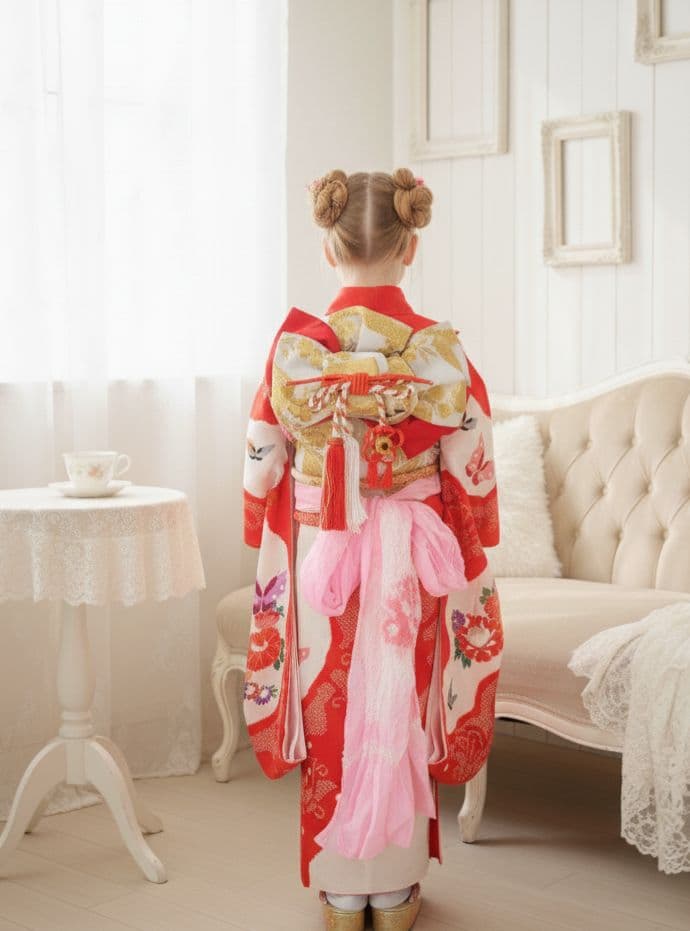 正絹★赤系部分絞り着物と作り帯フルセット