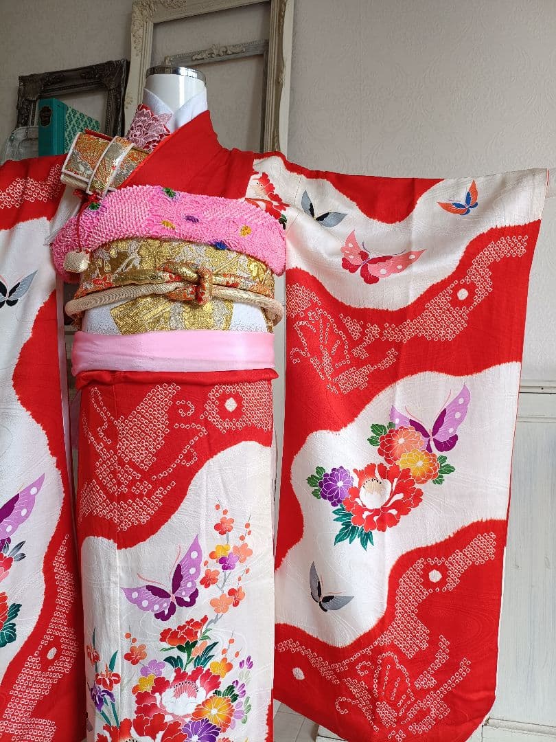 正絹★赤系部分絞り着物と作り帯フルセット