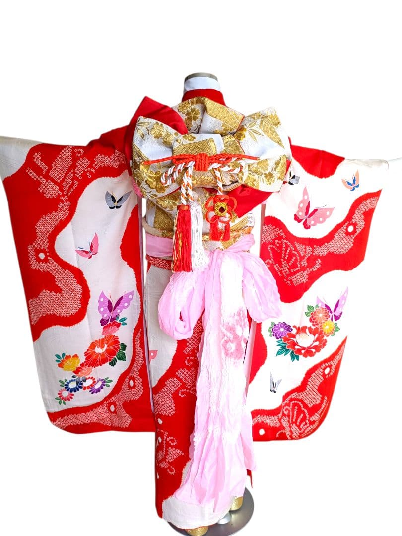 正絹★赤系部分絞り着物と作り帯フルセット