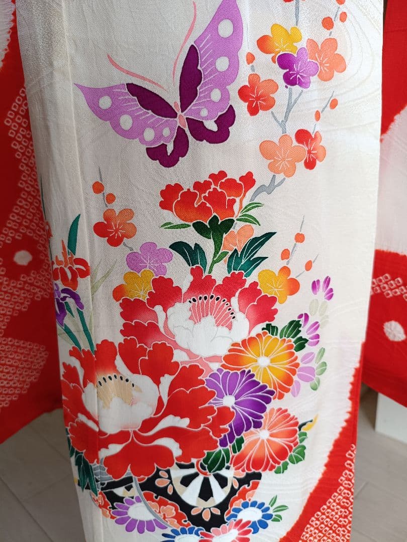 正絹★赤系部分絞り着物と作り帯フルセット