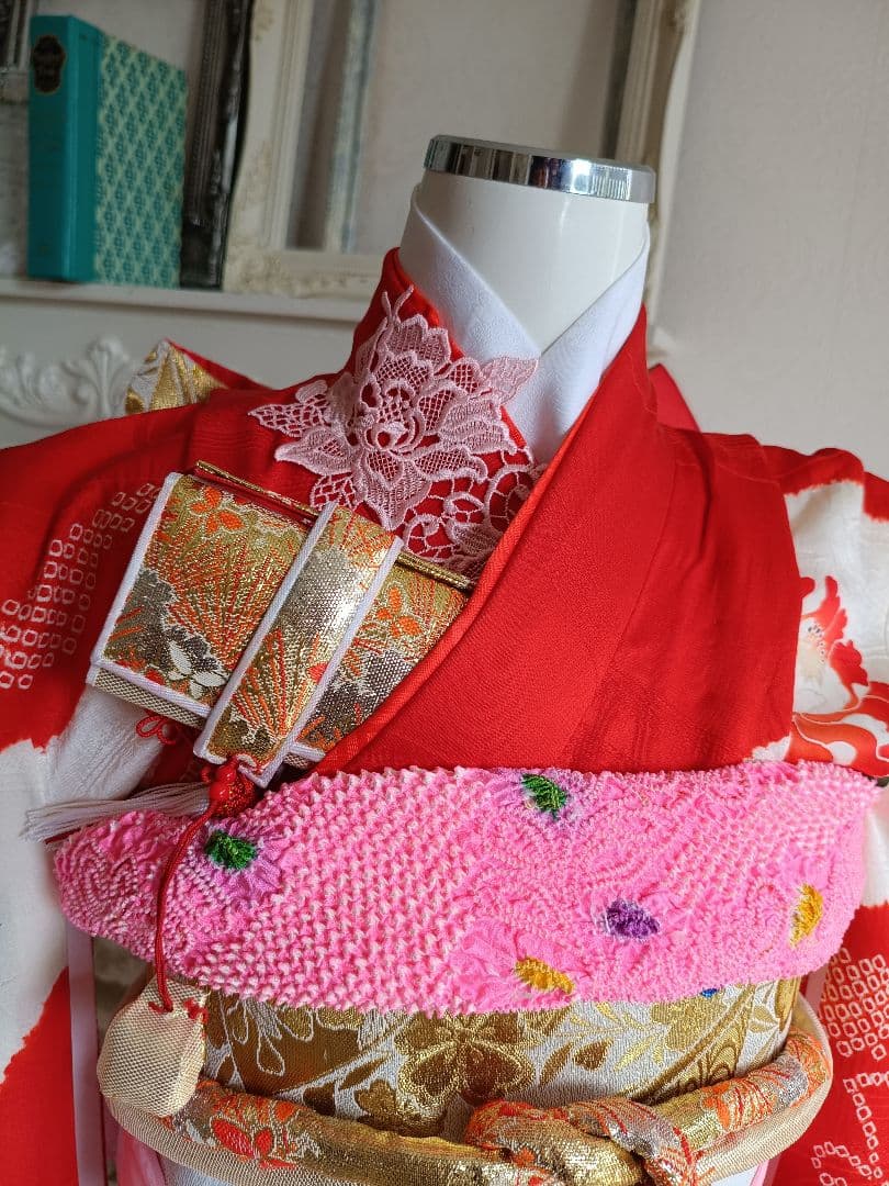 正絹★赤系部分絞り着物と作り帯フルセット