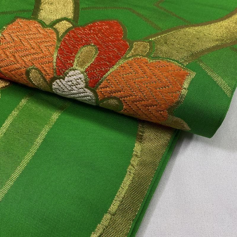 503ag58◎川島織物 十三参り 六通袋帯 ハーフ成人式 亀甲唐花 緑◎