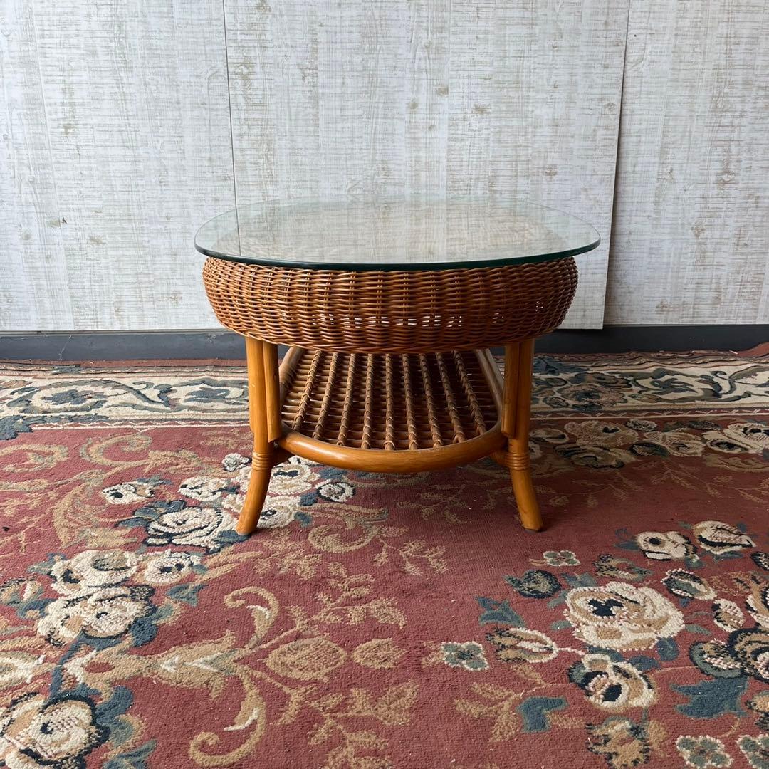 昭和レトロ ヴィンテージ 大型 ラタンオーバルテーブル センターテーブル 楕円形