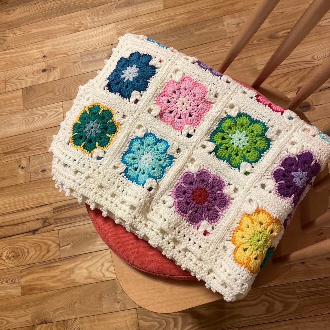 ハンドメイド　ブランケット　アフリカンフラワー　マルチカバー　コットン