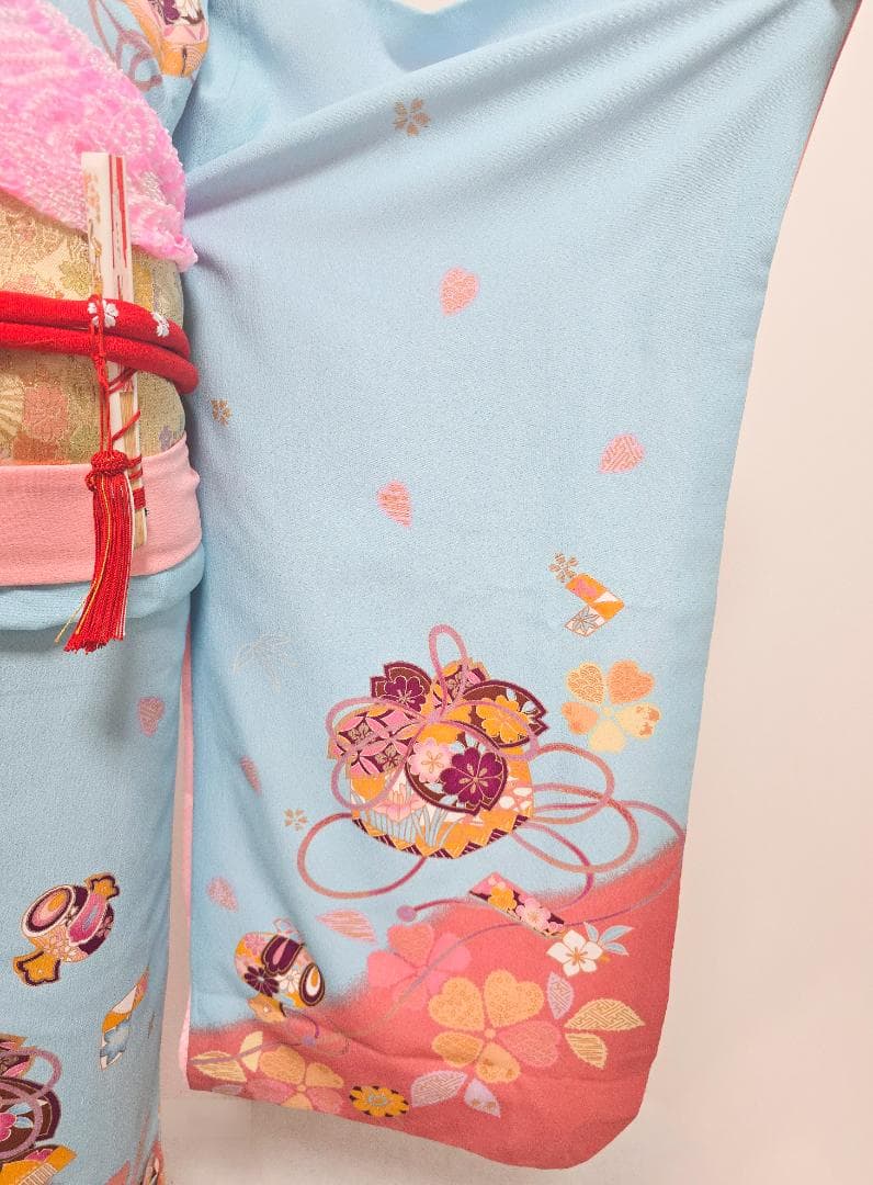 七五三　7歳　水色　着物　セット　女の子 *c86