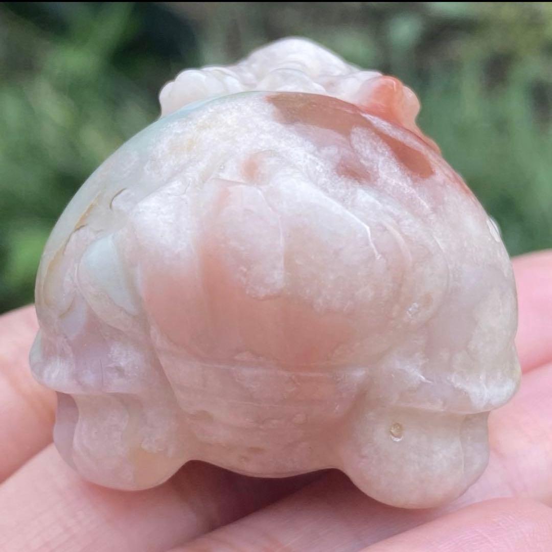 希少 グリーン桜瑪瑙 フラワーアゲート チェリーブロッサム 龍亀 天然石 置物