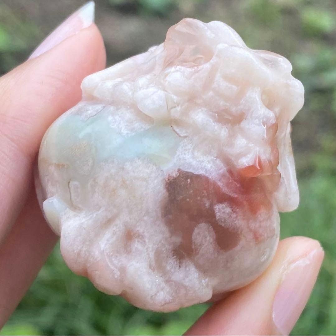 希少 グリーン桜瑪瑙 フラワーアゲート チェリーブロッサム 龍亀 天然石 置物