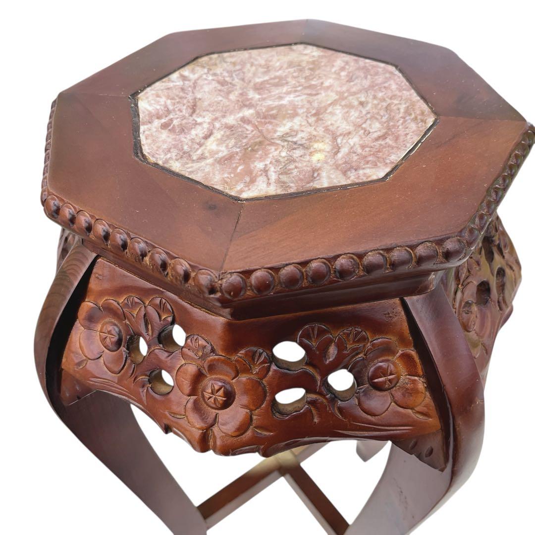 花台 飾り台 サイドテーブル 李朝様式家具 銘木 花梨 透かし彫り 八角形