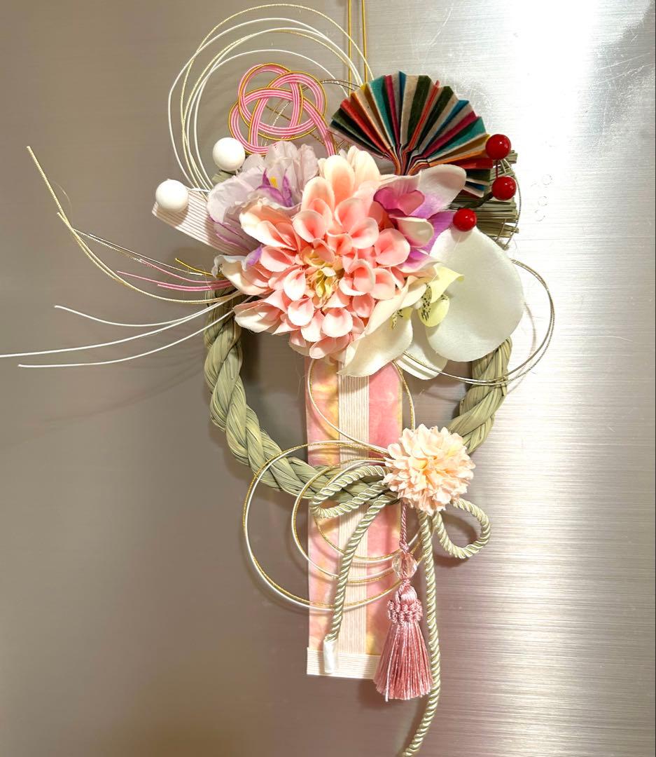 «845»お正月お洒落しめ縄*ピンクカラー*京都和紙*お花*お祝い新年*1点もの