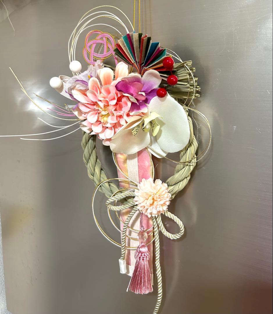 «845»お正月お洒落しめ縄*ピンクカラー*京都和紙*お花*お祝い新年*1点もの