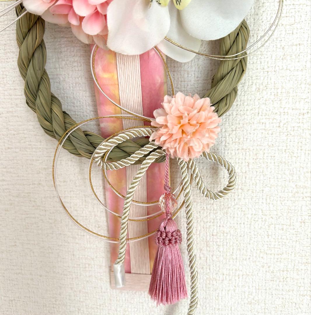 «845»お正月お洒落しめ縄*ピンクカラー*京都和紙*お花*お祝い新年*1点もの