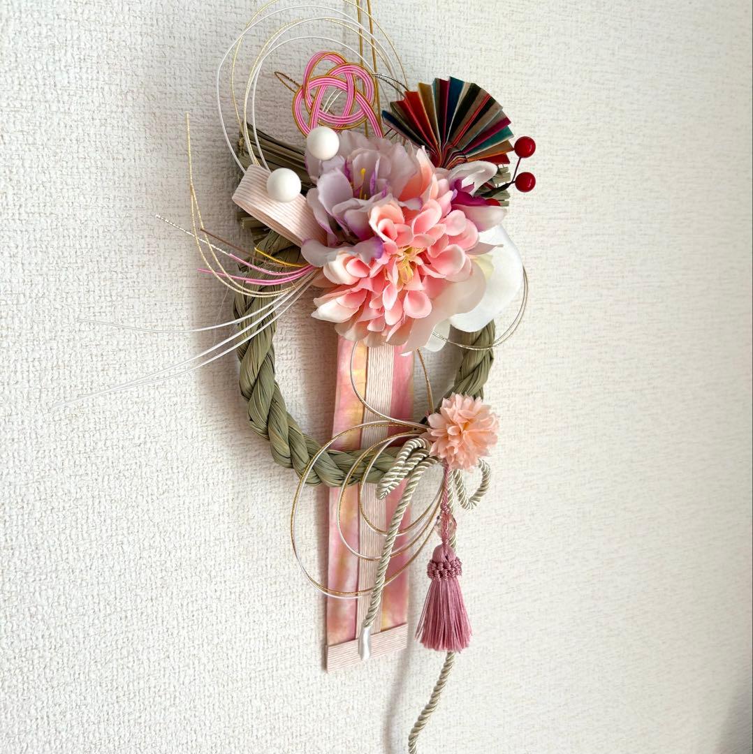 «845»お正月お洒落しめ縄*ピンクカラー*京都和紙*お花*お祝い新年*1点もの