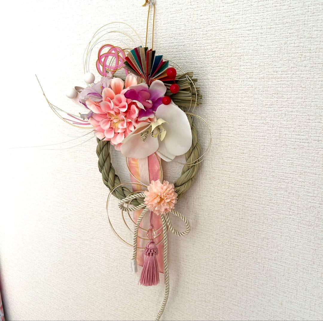 «845»お正月お洒落しめ縄*ピンクカラー*京都和紙*お花*お祝い新年*1点もの
