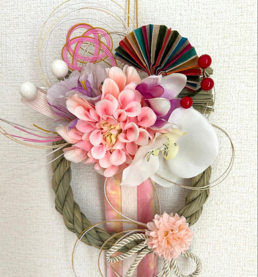 «845»お正月お洒落しめ縄*ピンクカラー*京都和紙*お花*お祝い新年*1点もの