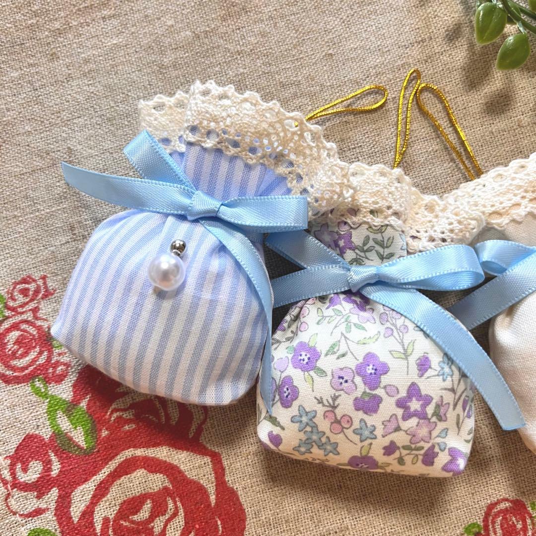 No.2302-17 ミニストラップサシェ（香り袋）3個組 ストライプ 花柄 C