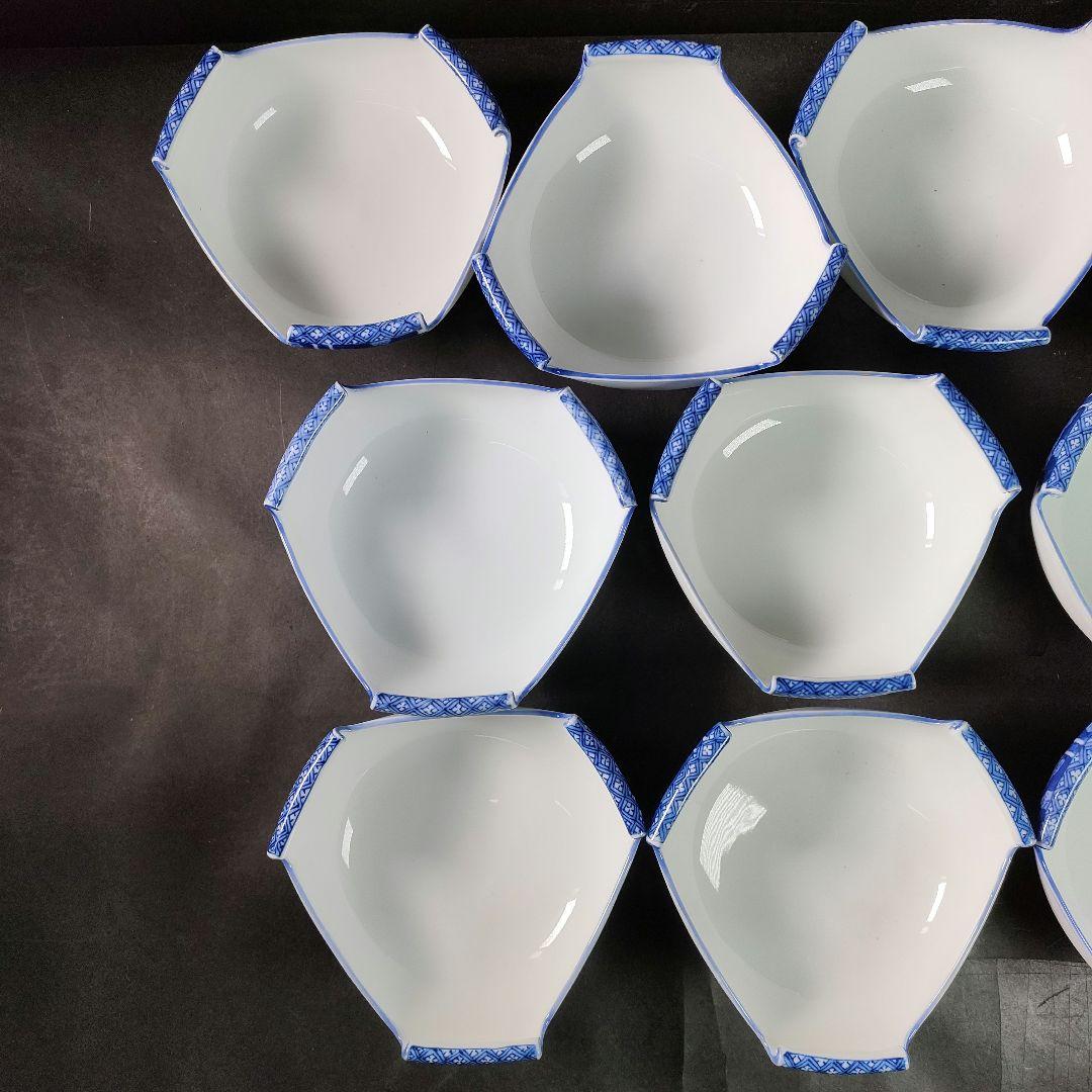 C14-4/平戸焼/在銘/染付三方巻小丼10客/共箱/小鉢/茶碗/懐石料理