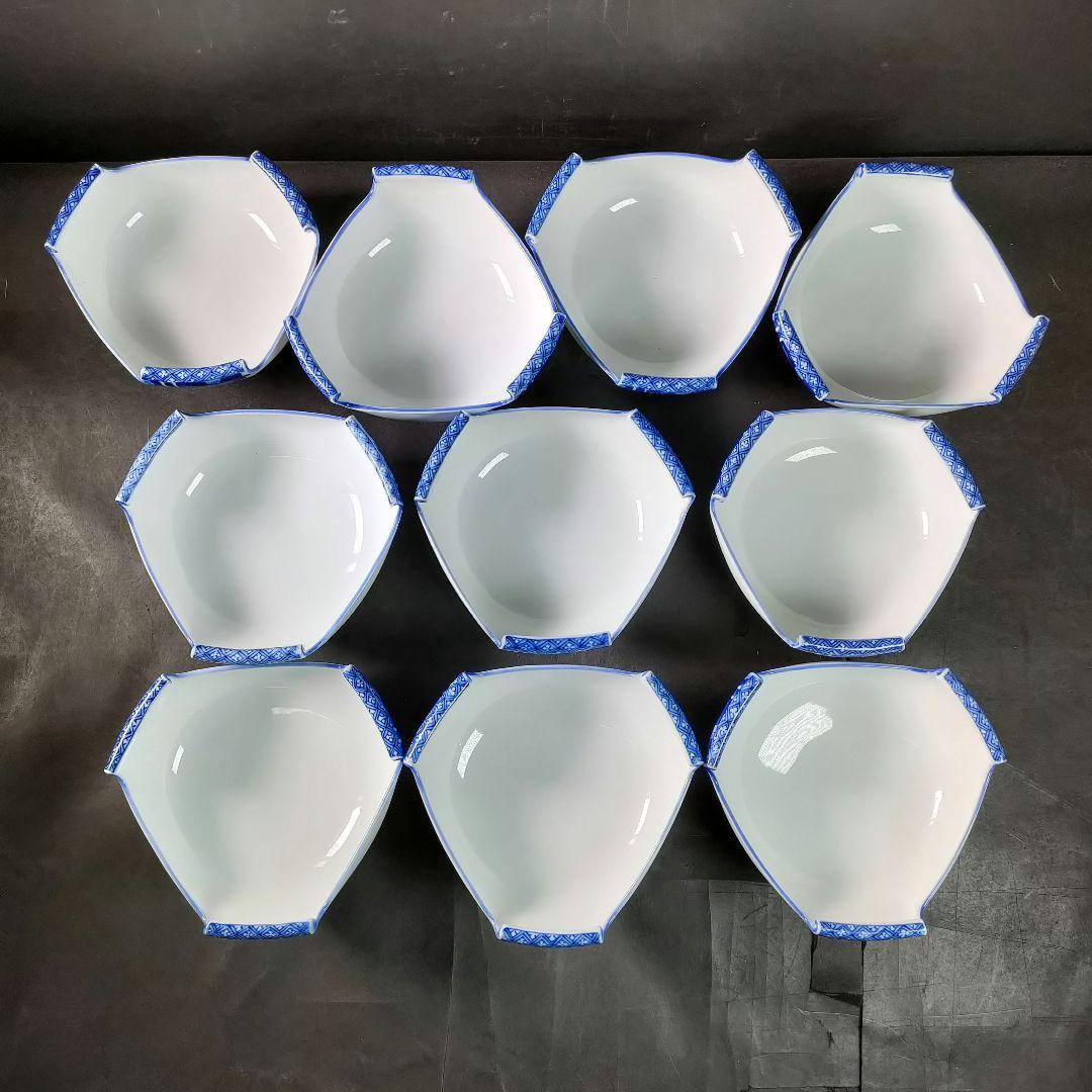 C14-4/平戸焼/在銘/染付三方巻小丼10客/共箱/小鉢/茶碗/懐石料理