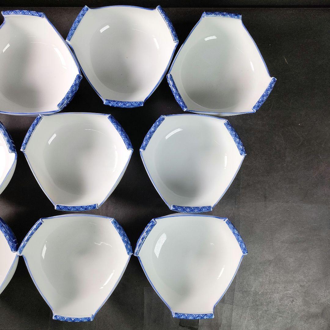 C14-4/平戸焼/在銘/染付三方巻小丼10客/共箱/小鉢/茶碗/懐石料理