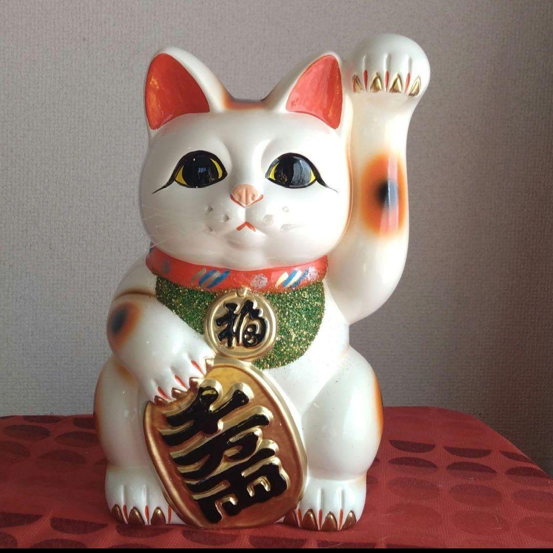 2/3迄限定値引✨人呼び、千客万来招き猫☆白猫左手上げ8号手長・特別製作現品限り
