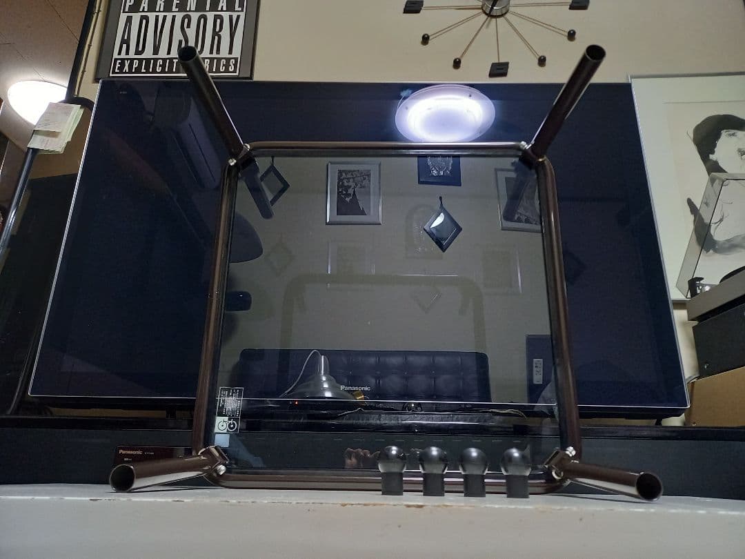 レア　1980s　ポストモダン　ボール脚　チョコレート　メタル　ガラス　テーブル