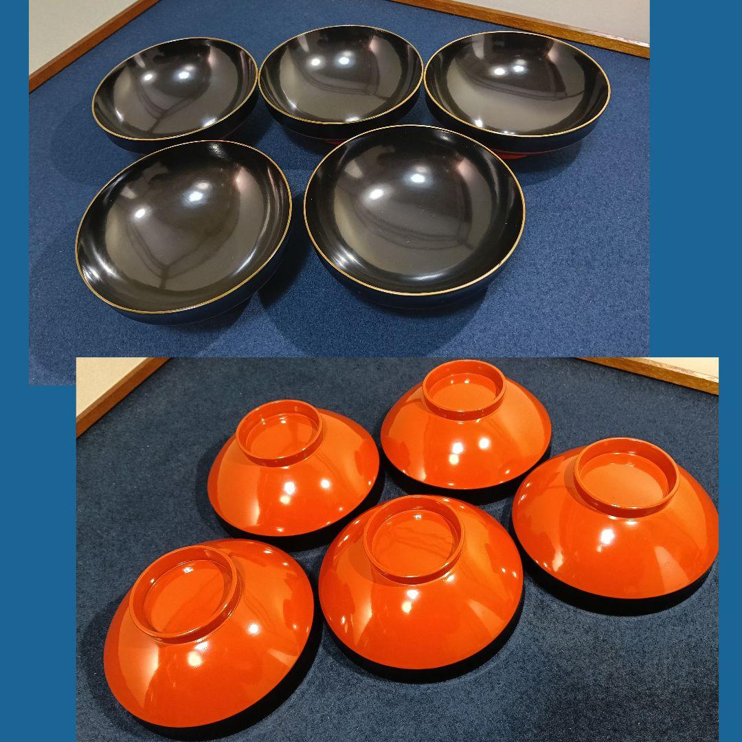 AM53 会津 朱椀 松鶴図 金蒔絵 縁金 五客 蓋付吸物椀