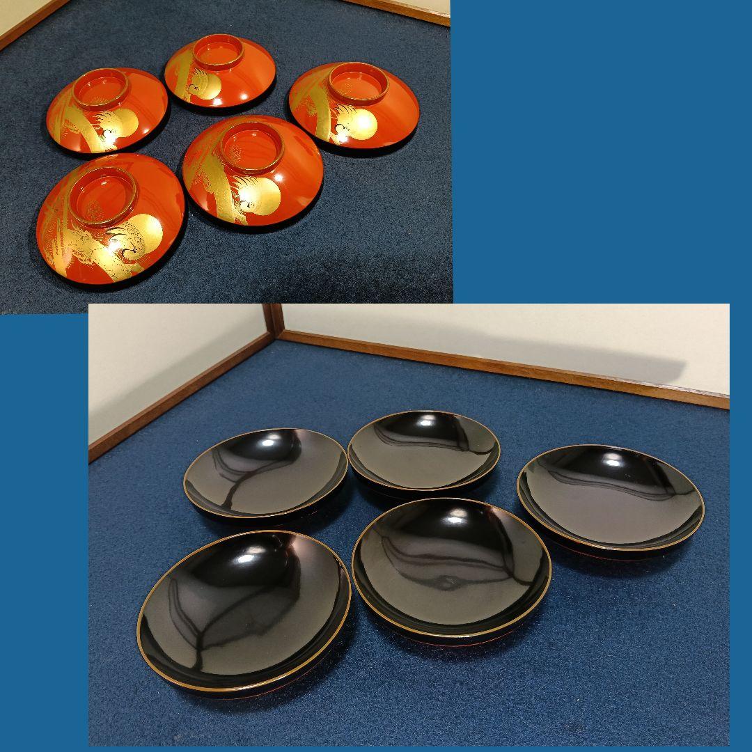 AM53 会津 朱椀 松鶴図 金蒔絵 縁金 五客 蓋付吸物椀