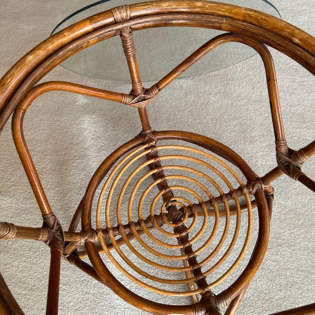 ラタン 円形センターテーブル 直径57cm 高さ44cm ガラス直径52cm