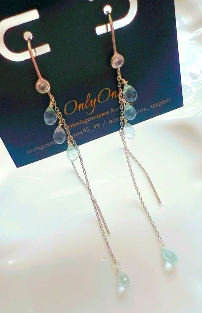 AAAランク　アクアマリン　チェーンピアス　天然石ピアス