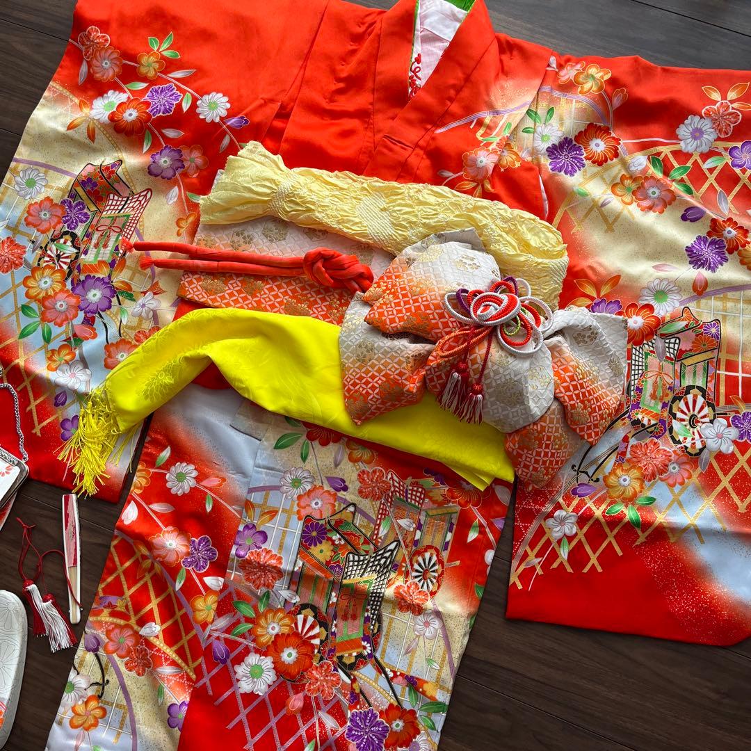 M　アンティーク　七五三　7歳　フルセット　オレンジ　朱色