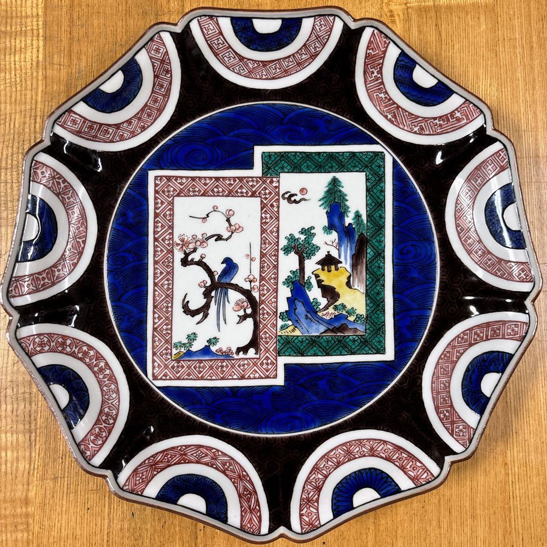 九谷焼　柳雨軒　二代 徳田八十吉　古九谷　花鳥・山水図　10号飾皿　飾皿　大皿